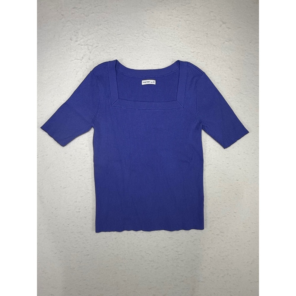 Nine West Womens XL Royal Blue Ribbed Square Neck Short Sleeve Knit Top Blouse
